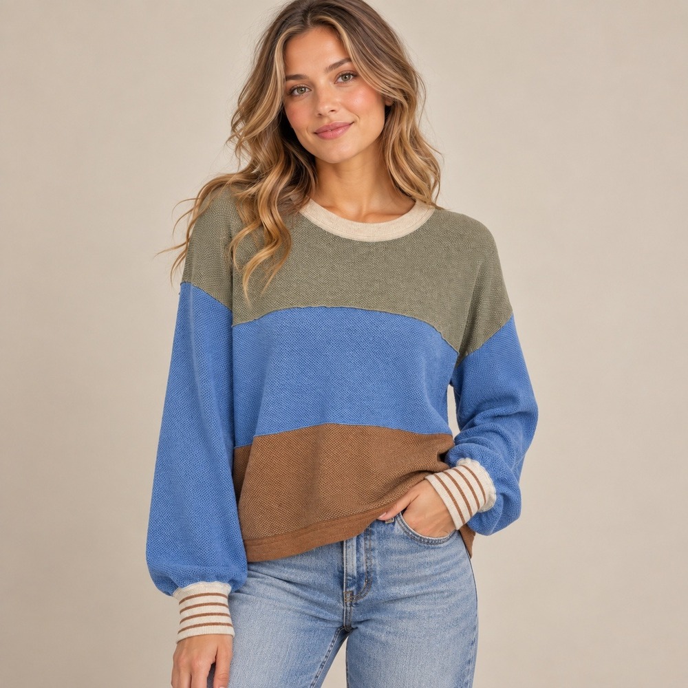 Wrap London Sweater Multi Colorblock Organic Cotton Waffle Knit US Sz 12